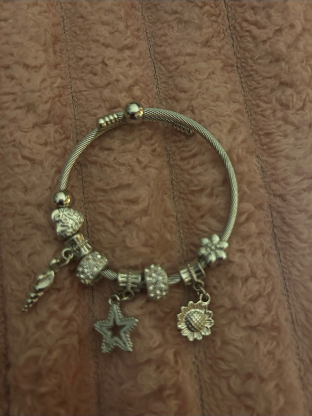 Silver-Tone Charm Bangle Bracelet with Star & Flower Charms